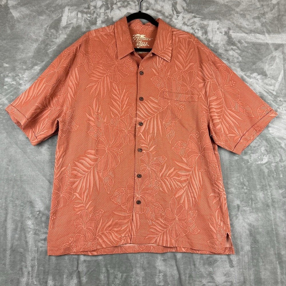 Jamaica Jaxx Button Up Shirt Men's 2XL Salmon Orange Hawaiian Short Sleeve Silk